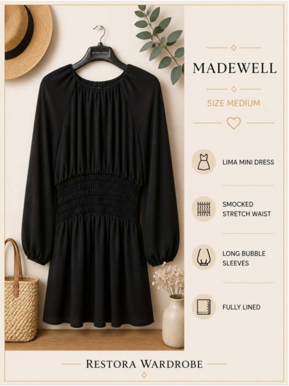 Madewell Lima Mini Dress Black Smocked Waist Balloon Sleeve M Romantic